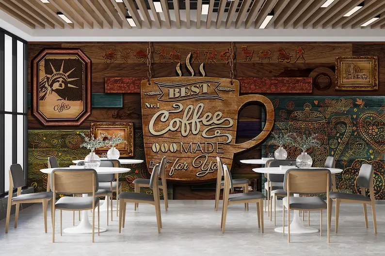 Customizable Wooden Look Wallpaper, Coffee Shop Peel and Stick Wall Mural, Easy Removable Cafe Restaurant Wall Decor, Kitchen Wa