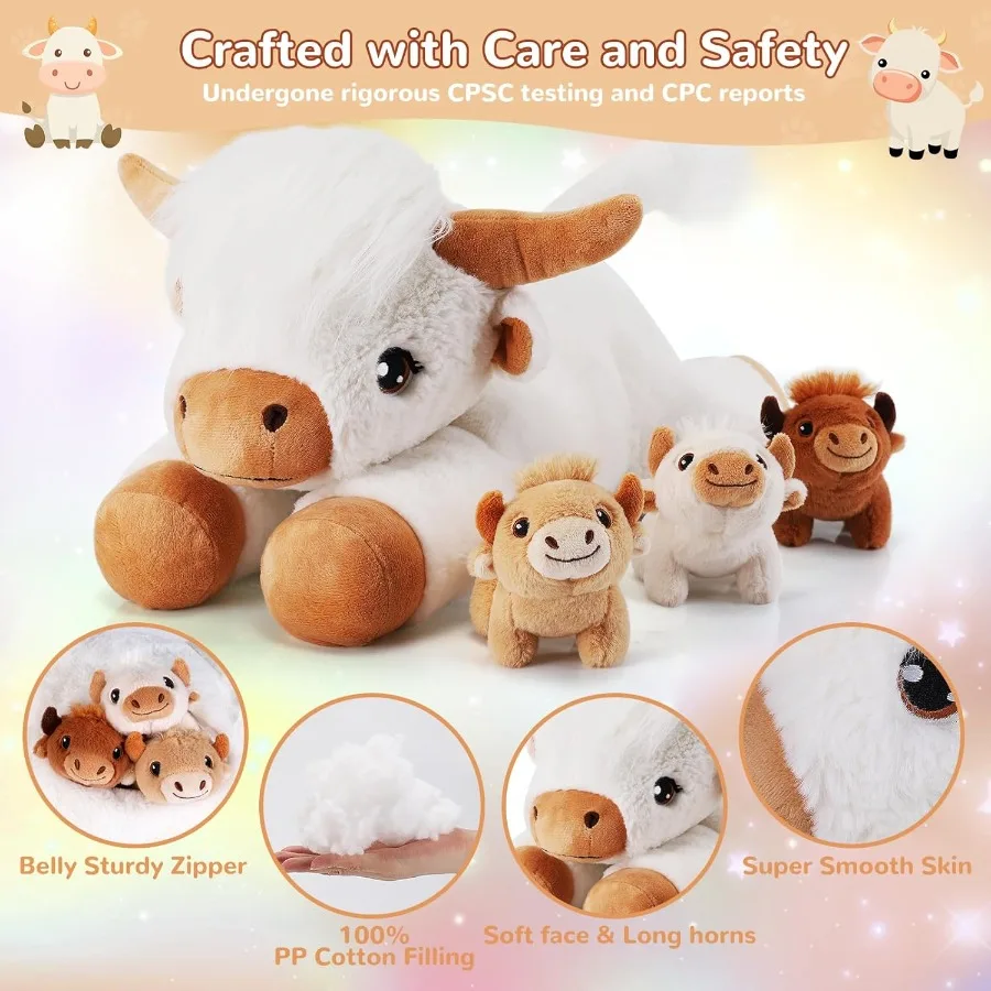 4 Pieces Highland Cow Stuffed Animals - White Plush Cows with 3 Babies - Cute Cows Plush Toys for Girls Age 3-8 - Ideal Christm
