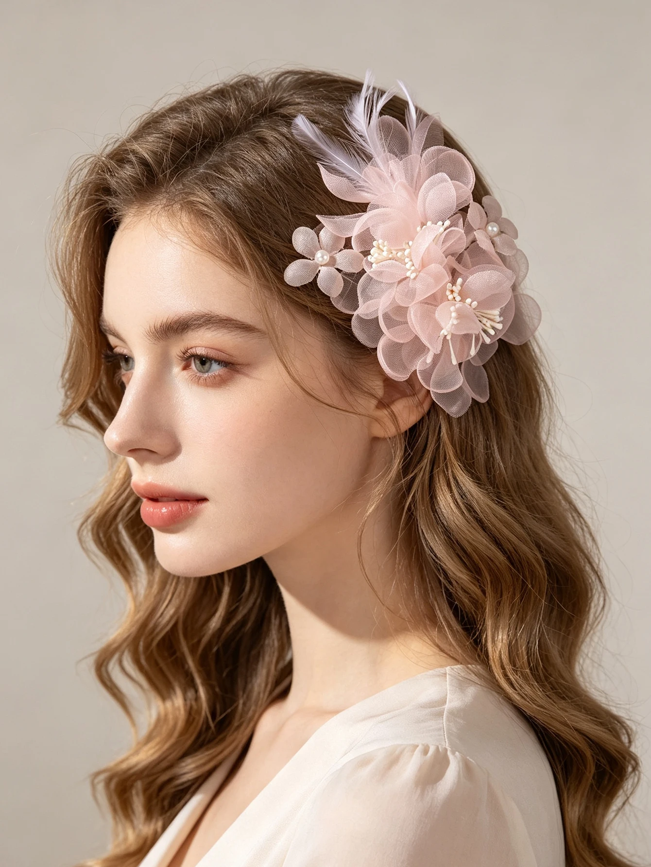 Light pink netted floral feathered pearl hairpin, ethereal and mysterious bridal wedding dress headpiece, Hanfu with ancient sty