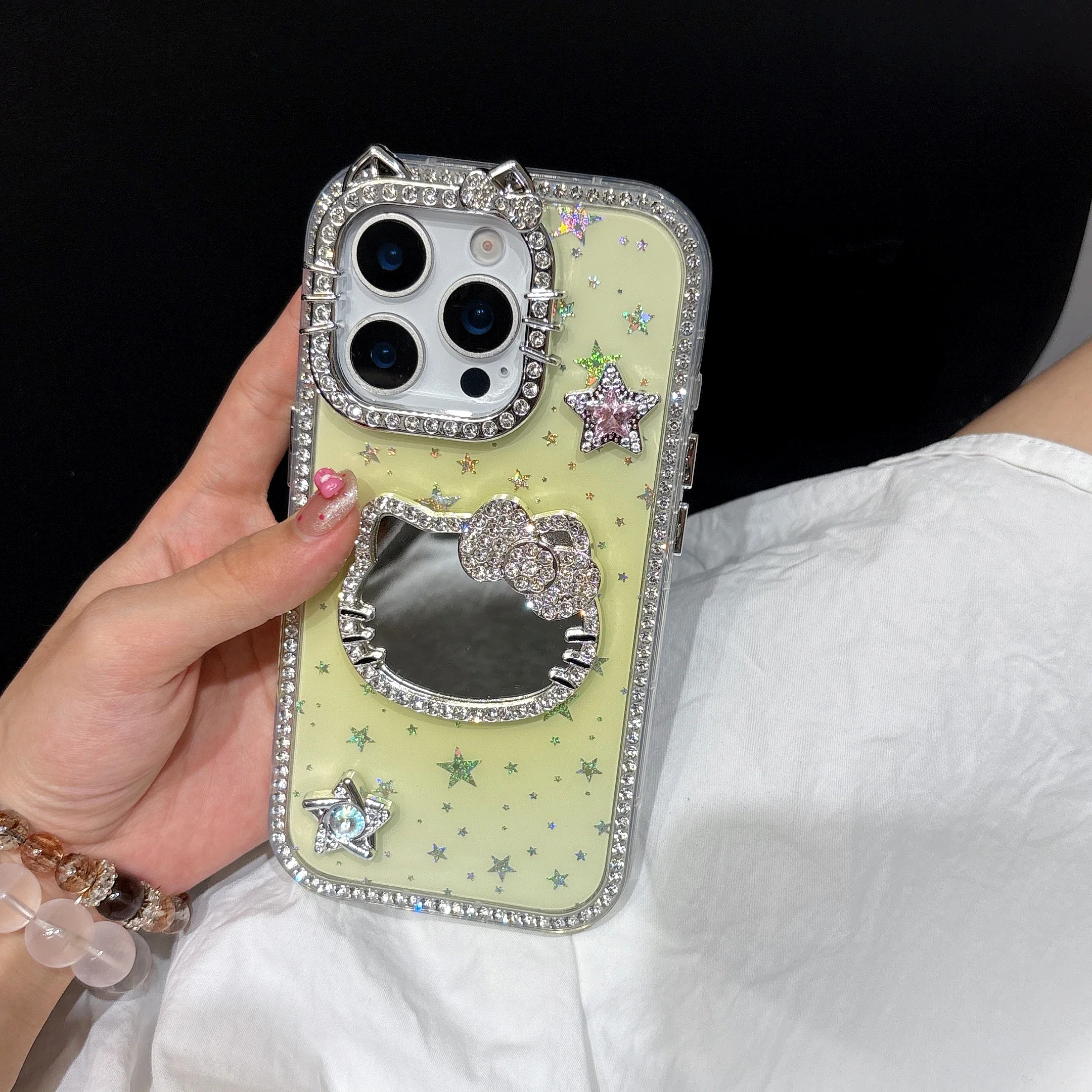 مرآة ماكياج بلينغ بريق نجوم جراب هاتف آيفون 16 15 14 13 12 برو ماكس للصدمات الصلب ثلاثية الأبعاد لطيف سانريو مرحبا كيتي غطاء #2