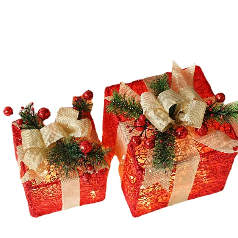 

Christmas with lights, red and black plaid sticky gift box, empty box, pine cone decorative ornament scene arrangement, three-