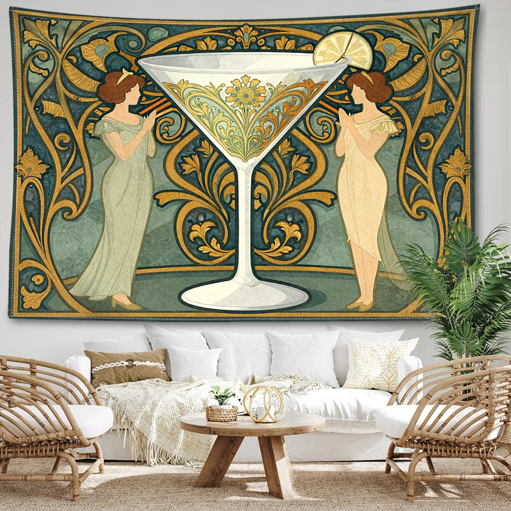 Art Nouveau Martini Glass Lady Lemon Printed Tapestry Wall Hanging Bohemian Style Bedroom Home Decor