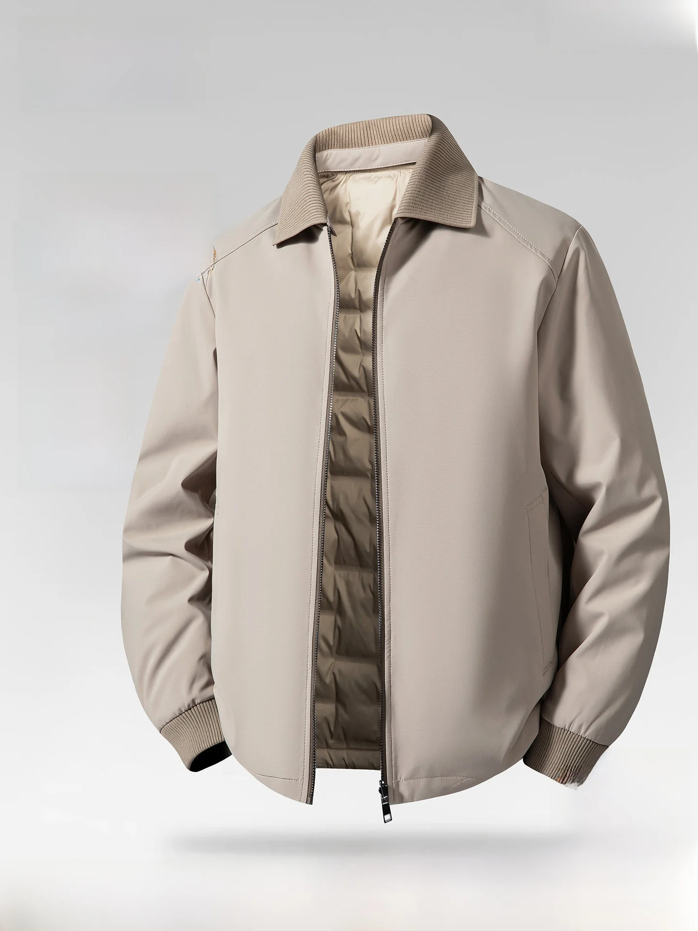 Men's Short down Jacket Double-Sided Wear Removable Collar Warm Outerwear Goose down Quilted Zipper Closure Business Casual