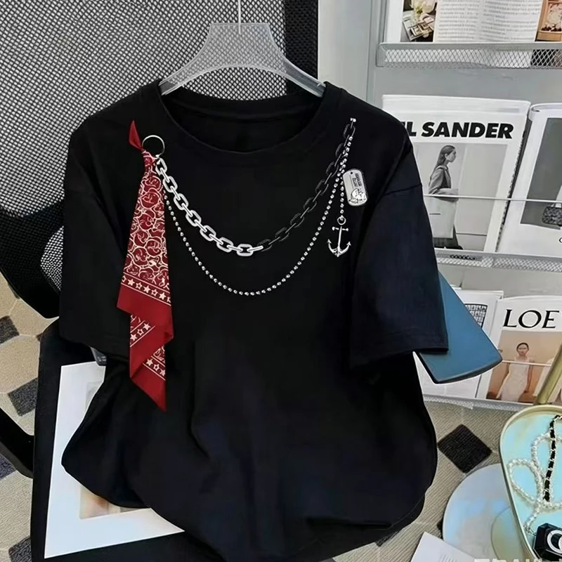 Men Japanese Vintage Cartoon Print Couple Tee Decor Anchor Chain Paisley Bandana Loose Half Sleeve Summer Student Basic Tops