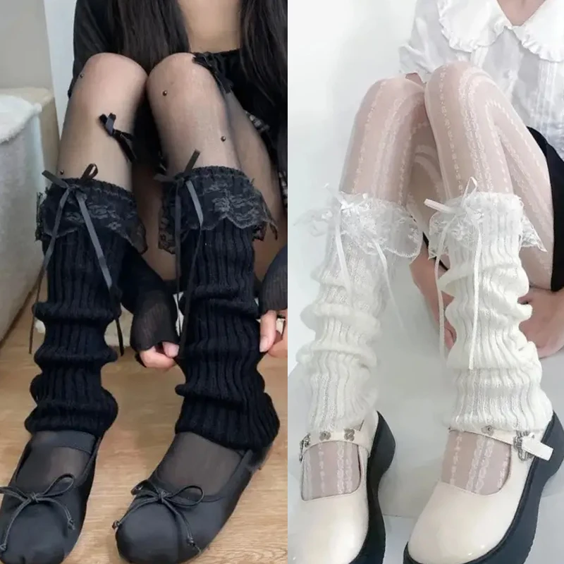 New Autumn and Winter Y2K Woman Leg Warmers Ribbon Lolita Y2K Lace Bow Leg Warmers JK Knitted Long Socks Japanese Style Socks
