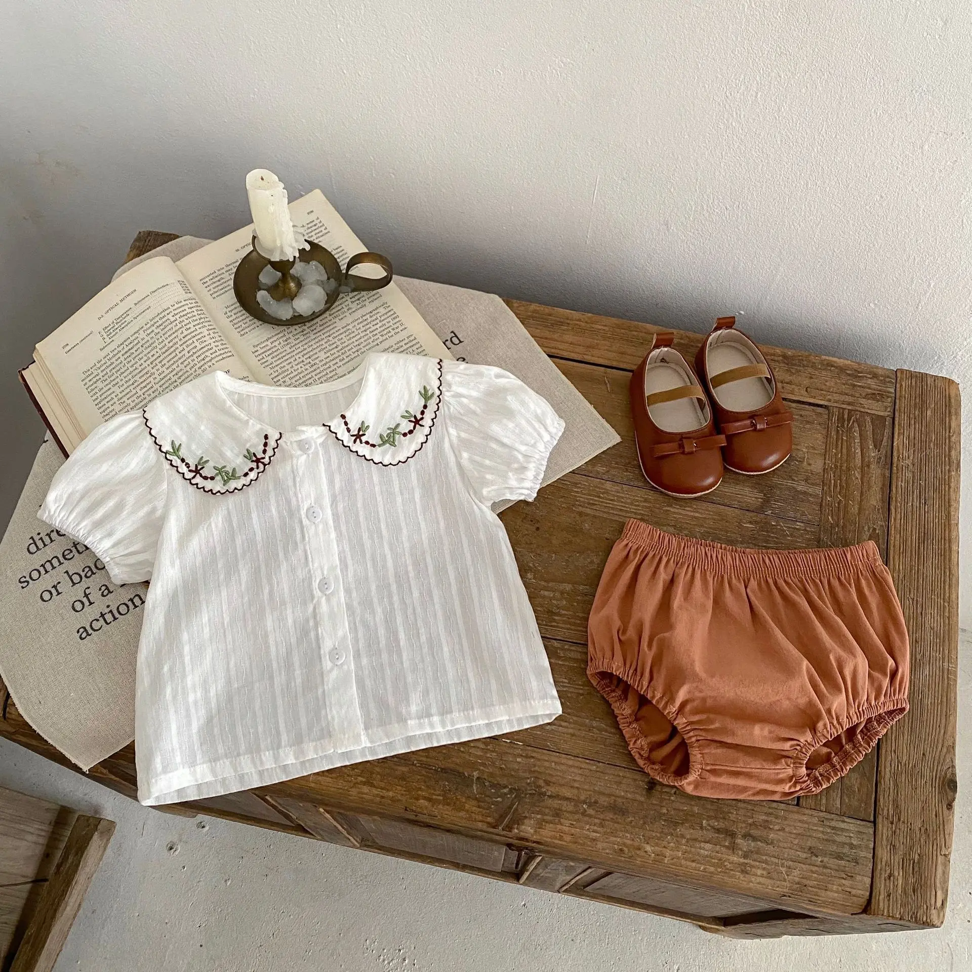 Summer New Fashion Versatile Short sleeved Set for Infants and Girls Embroidered Doll Neck Short sleeved Top+Triangle Wrap Botto