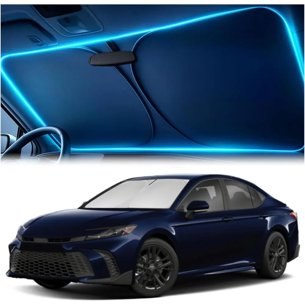 

Солнцезащитный экран на лобовое стекло для Toyota Camry 2025-2026 LE/XLE/SE/XSE/Hybrid – Солнцезащитный козырек на заказ с вырезом для зеркала, блокирует тепло