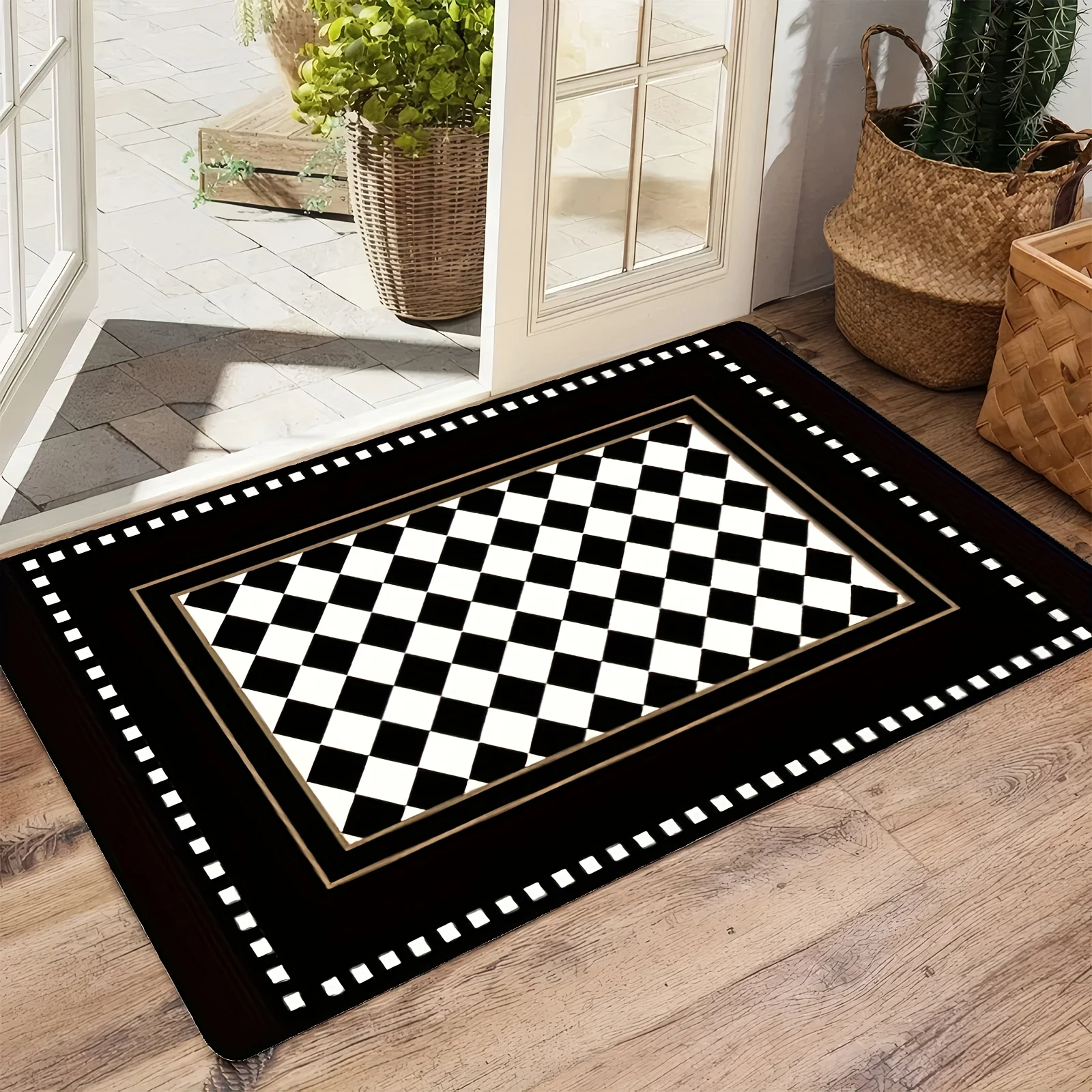 Flannel Doormat, Black and White Checkered Pattern - Flannel. Suitable for Indoor Entrances. Classic Style Flannel Surface Adds an Artistic Touch to Your Room