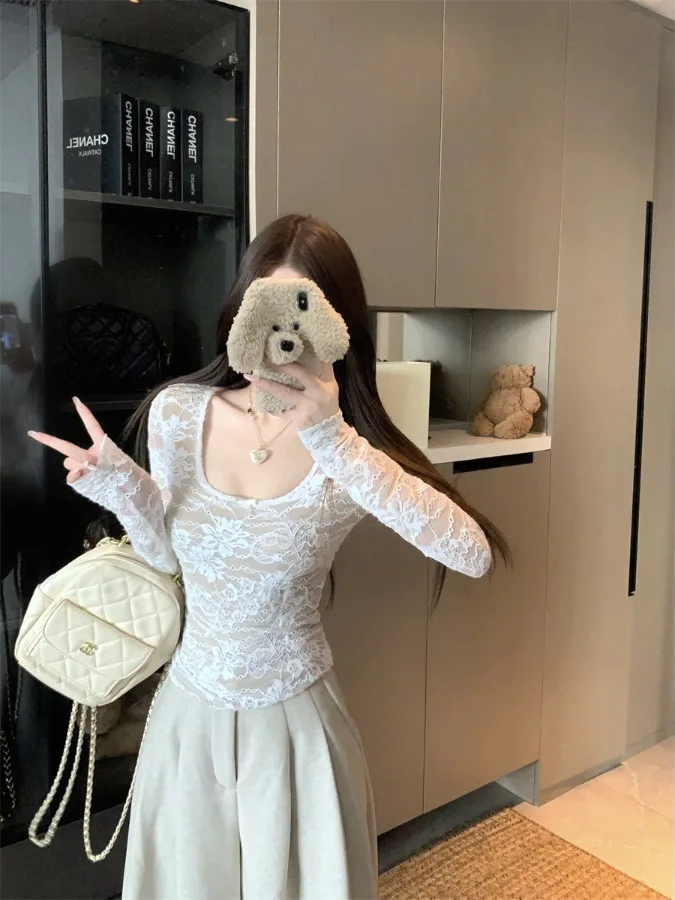 

Новая модная женская кружевная блузка с длинным рукавом и завязками, приталенная, для ношения под одеждой, весенняя коллекция, стиль Pure Desire