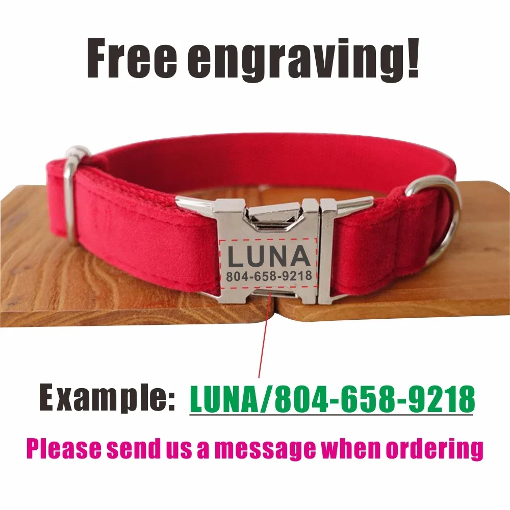 Personalized Dog Collar with Free Engraving, Matching Pet Leash,Customzied Contacts Metal Buckle,Red Thick Velvet Pet Collar