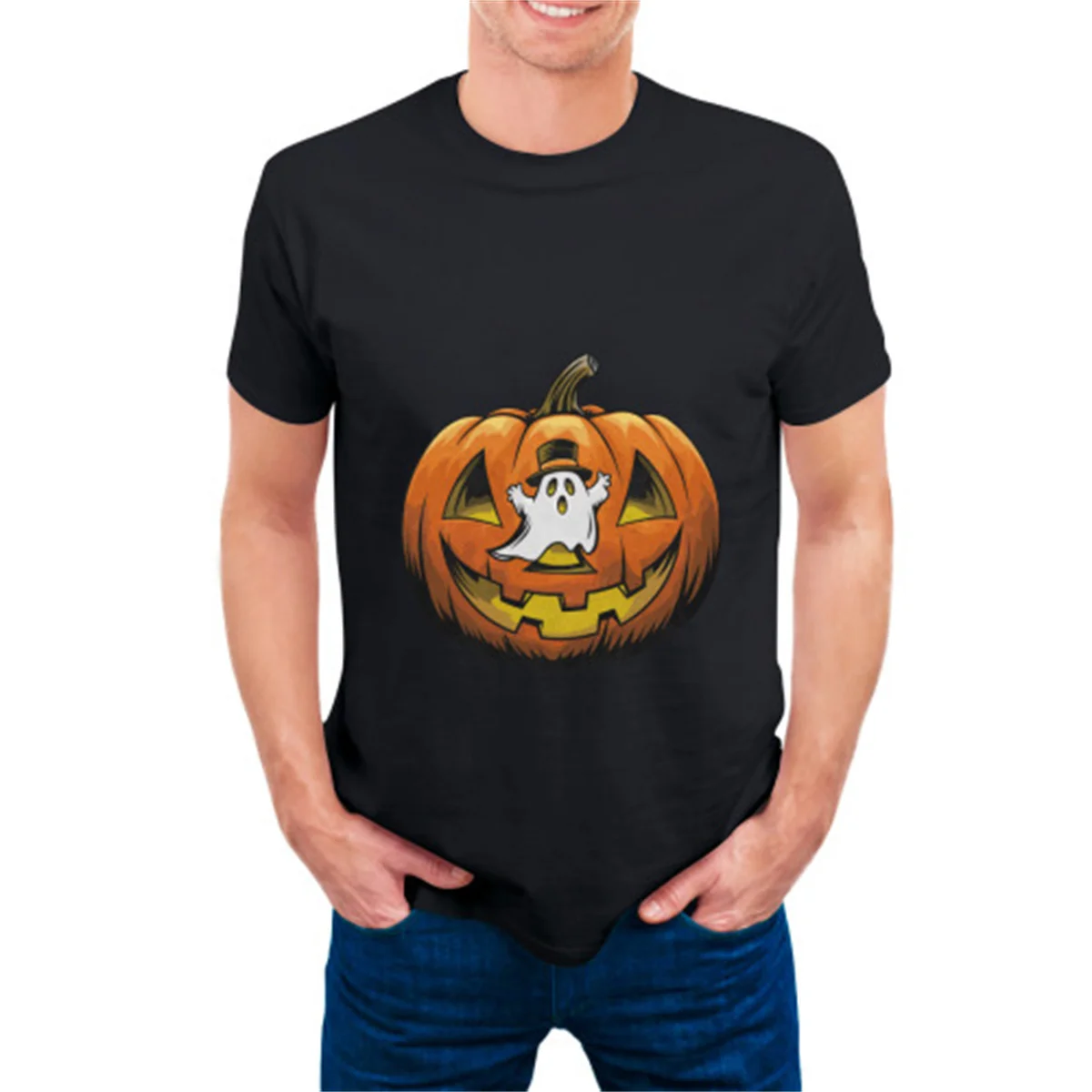 

Halloween men's T-shirt Ghost with pumpkin Print Street oversized graphic T-shirt soft and lightweight Y2K Harajuku unisex