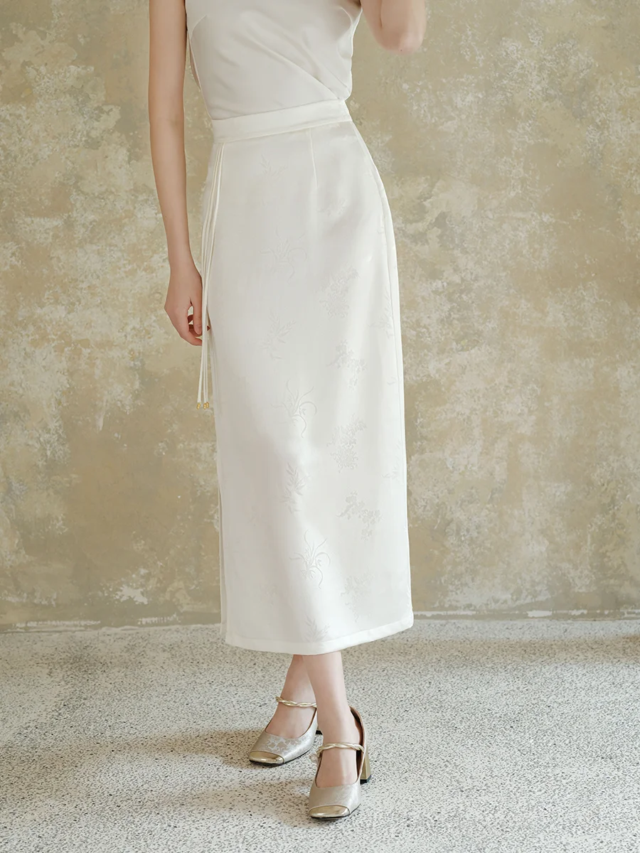 

Белая китайская юбка-миди с кисточками и отделкой, повседневная летняя юбка Hanfu из ацетата и полиэстера