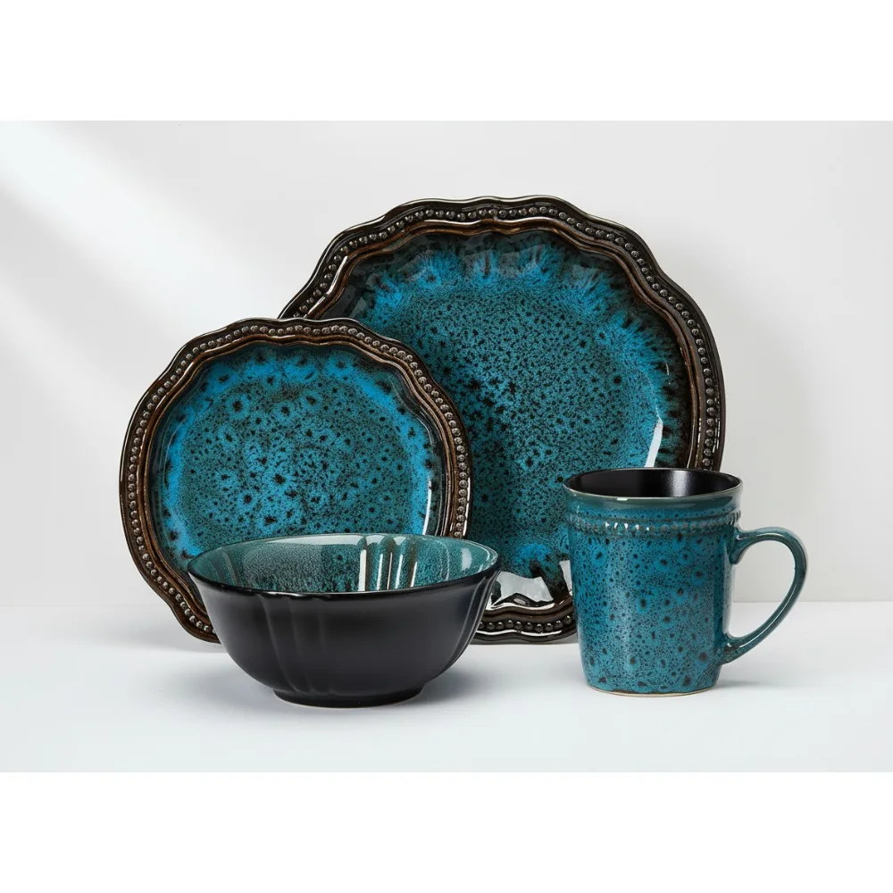 

Ocean Blue Stoneware Dinnerware Set for 4, Microwave & Dishwasher Safe, Elegant Round Oval Plates