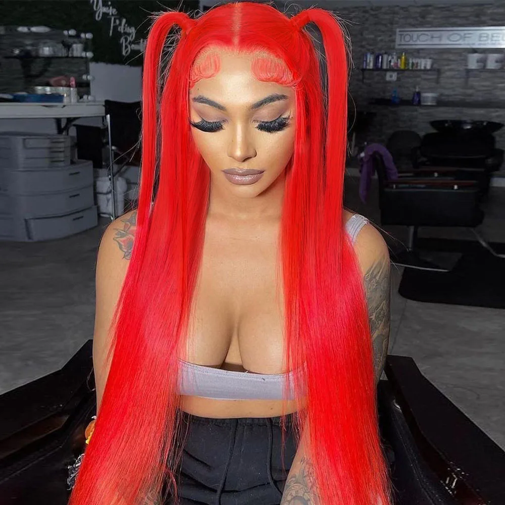 أحمر برتقالي 13x6 الدانتيل الشفاف الجبهة خصلات الشعر المستعار الإنسان للنساء البرازيلي مستقيم الساخن الأحمر 13x4 الدانتيل الباروكات الأمامية قبل نتف