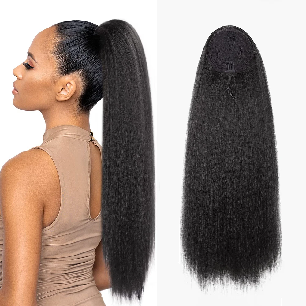 Synthetic Wig 24 Inches Yaki Kinky Straight Ponytail Hair Extension Drawstring For Black Women Girl Daily Party