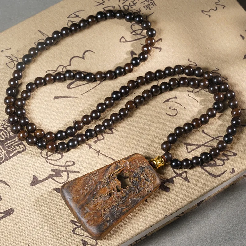Aquilaria Agallocha Necklace Wooden Carved Landscape Peace Tag Cultural Play Jewelry Festival Gift