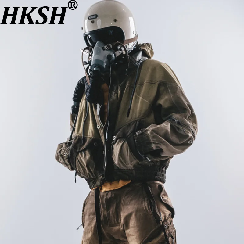 

HKSH 2026 Spring New Men Punk Vintage Washed Structure Patchwork Cut Hooded Waste Land Style Jacket Short Wide Chic Coat HK17064