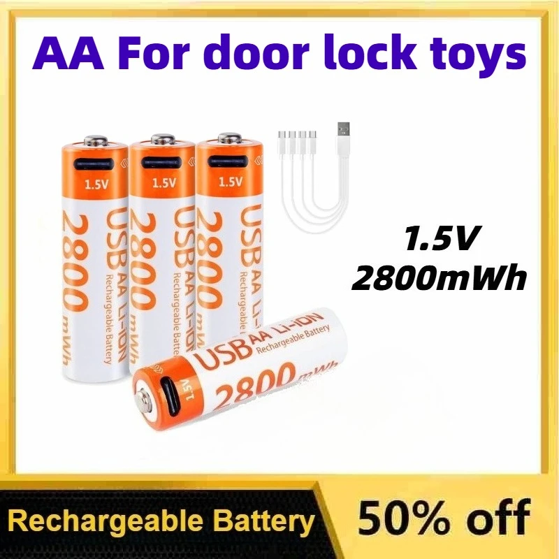1.5 فولت 2800mWh AA بطارية ليثيوم قابلة للشحن مع كابل شحن USB-C مناسبة لألعاب قفل الباب بطارية قابلة للاستبدال #1