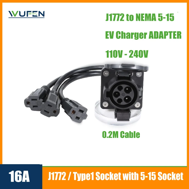 

WUFEN 16A 110V SAE J1772 Type1 Розетка к вилке NEMA 5-15 Адаптер зарядного устройства для электромобилей с кабелем 0,2 м E-Bike/Scooter/One wheel для использования в США