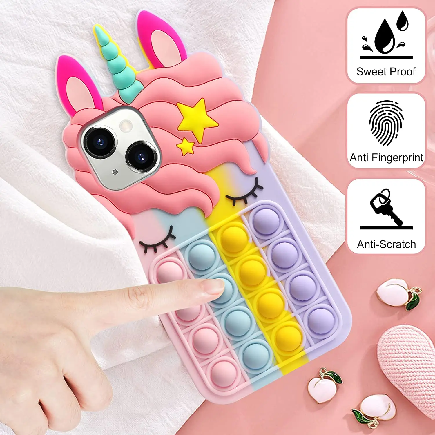 3D Einhorn Fall für iPhone 14 13 11 12 Pro Max Spielzeug Blase Regenbogen mit Riemen weichen Silikon Stoß dämpfung Schutzhülle