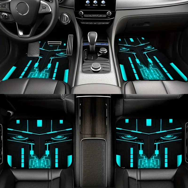 4pcs Cyber Blue Mecha Wind Car Floor Mats, Sci-Fi Trendy Wear-Resistant Non-Slip Universal Foot Pads For Car Interior Protection