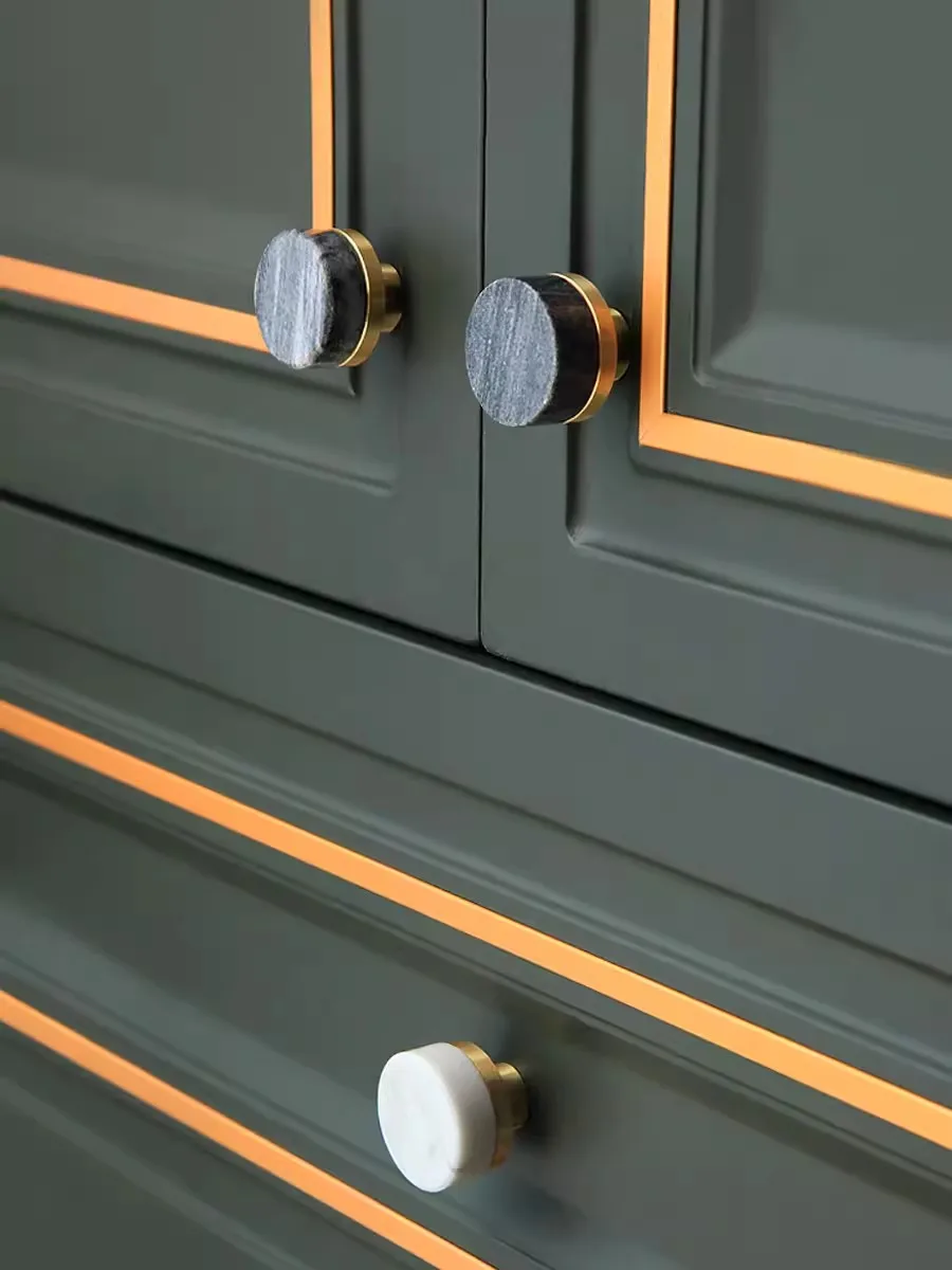 Natural Marble+Brass Nordic Cabinet Handles and Knobs Bedroom Wardrobe Pulls Round Drawer Knobs Natural Stone Furniture Hardware