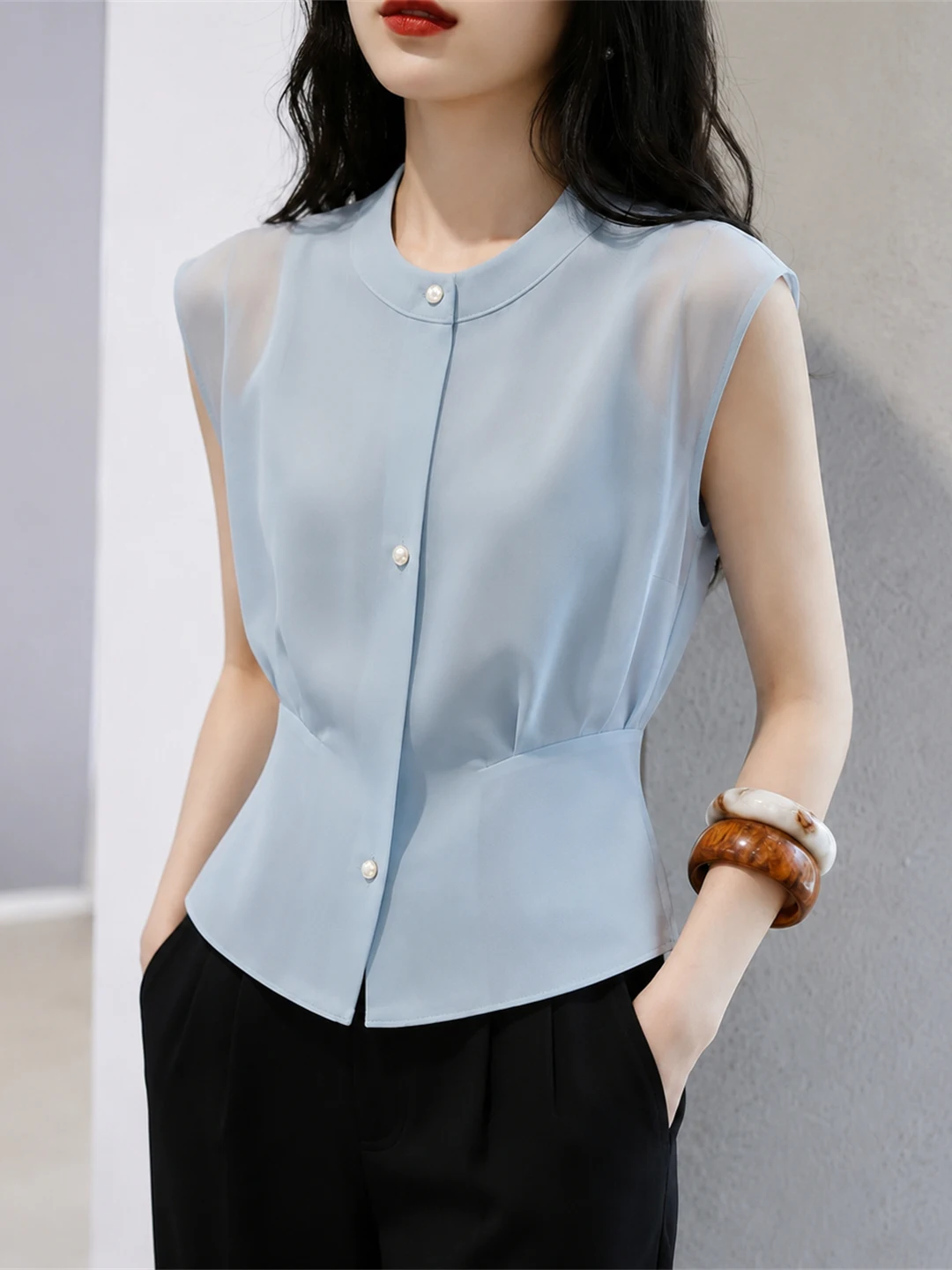 Casual Sleeveless round Neck Single Button Vest Sweet Elegant Style Summer 2026 Silk Top Korean Version Straight Cut