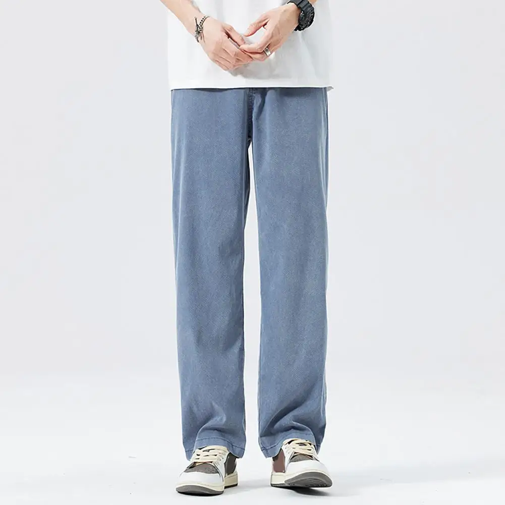 Comfortable Men Jeans Stylish Men's Ice Silk Denim Pants Elastic Waist Wide Leg Trousers with Pockets for Summer Wear Men