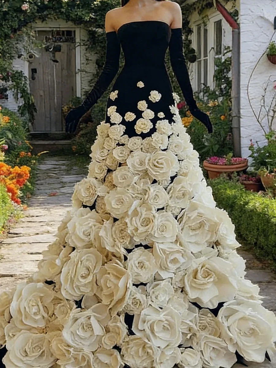 Elegant Strapless Contrast Color 3D Flowers Mermaid Formal Evening Dresses Birthday Party Prom Gowns Customized