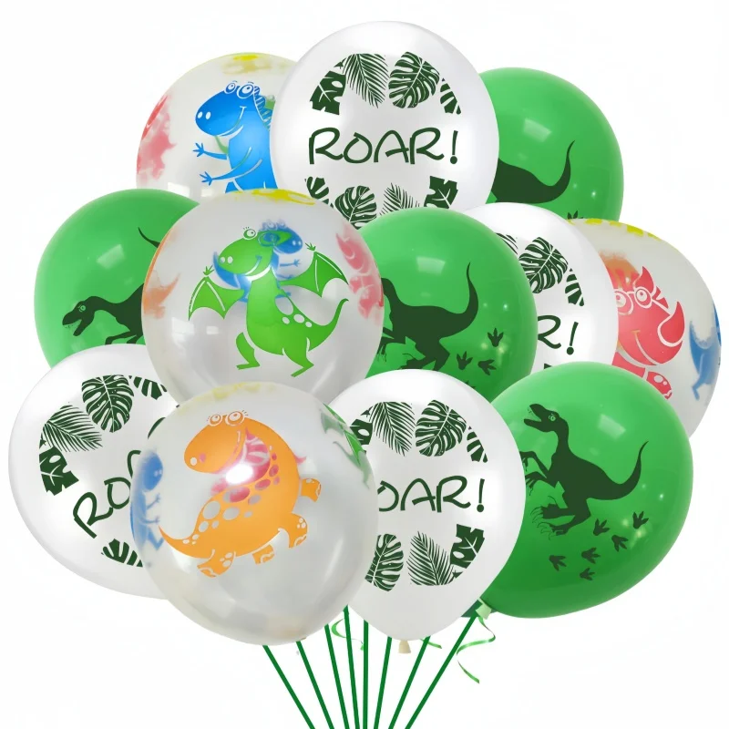 Dinosaur Printed Balloons for Kids, Latex Balloons, Green and White, Birthday Themed Party Decor, Baby Shower Supplies, 12 in