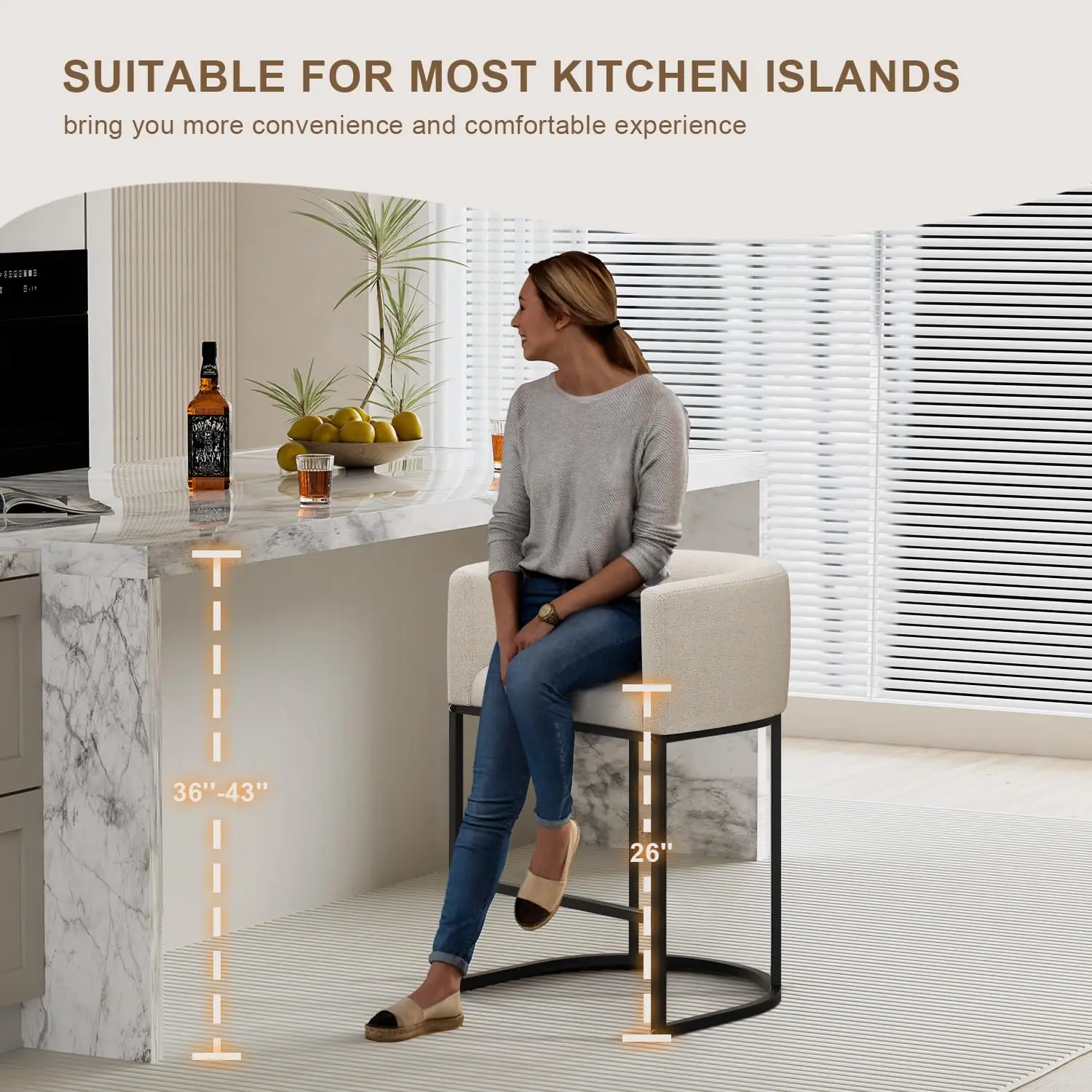 26" H Counter Height Bar Stools, Modern Barrel Counter Stools With Backrest And Arms, Linen Fabric Upholstered Accent Barstools