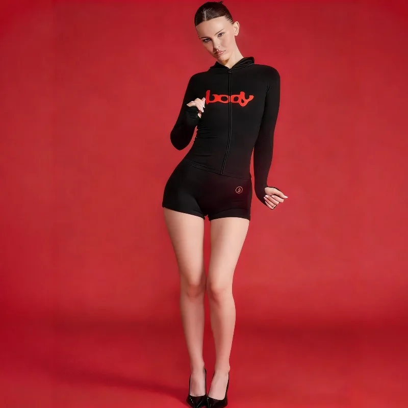 This Is A Two-piece Women's  Fashion Set Featuring A Trendy Instagram Print Sporty Stretch Zipper Hooded Jacket, Top and Shorts.