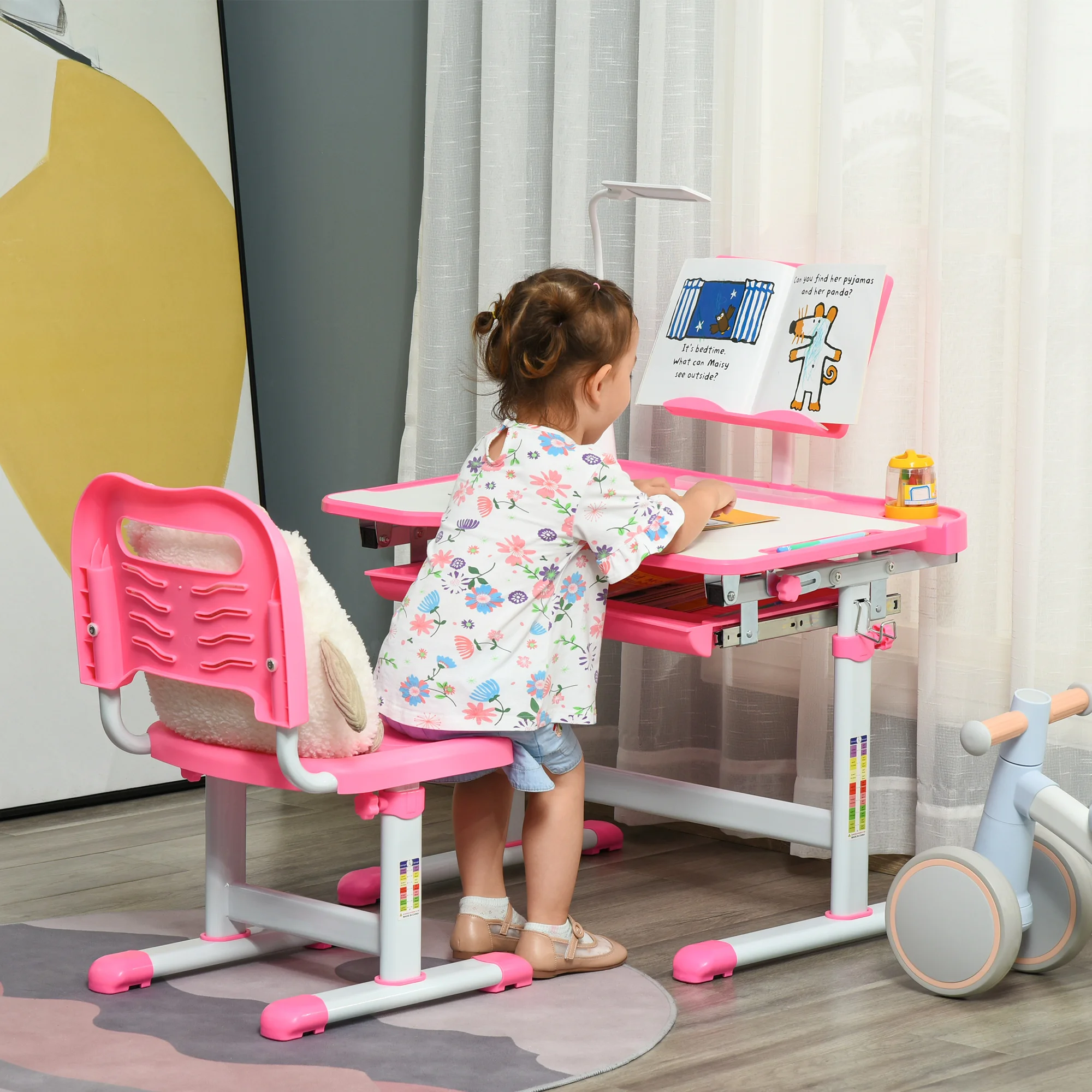 HOMCOM Juego de Escritorio y Silla para Niños de +6 Años Altura Ajustable Rosa