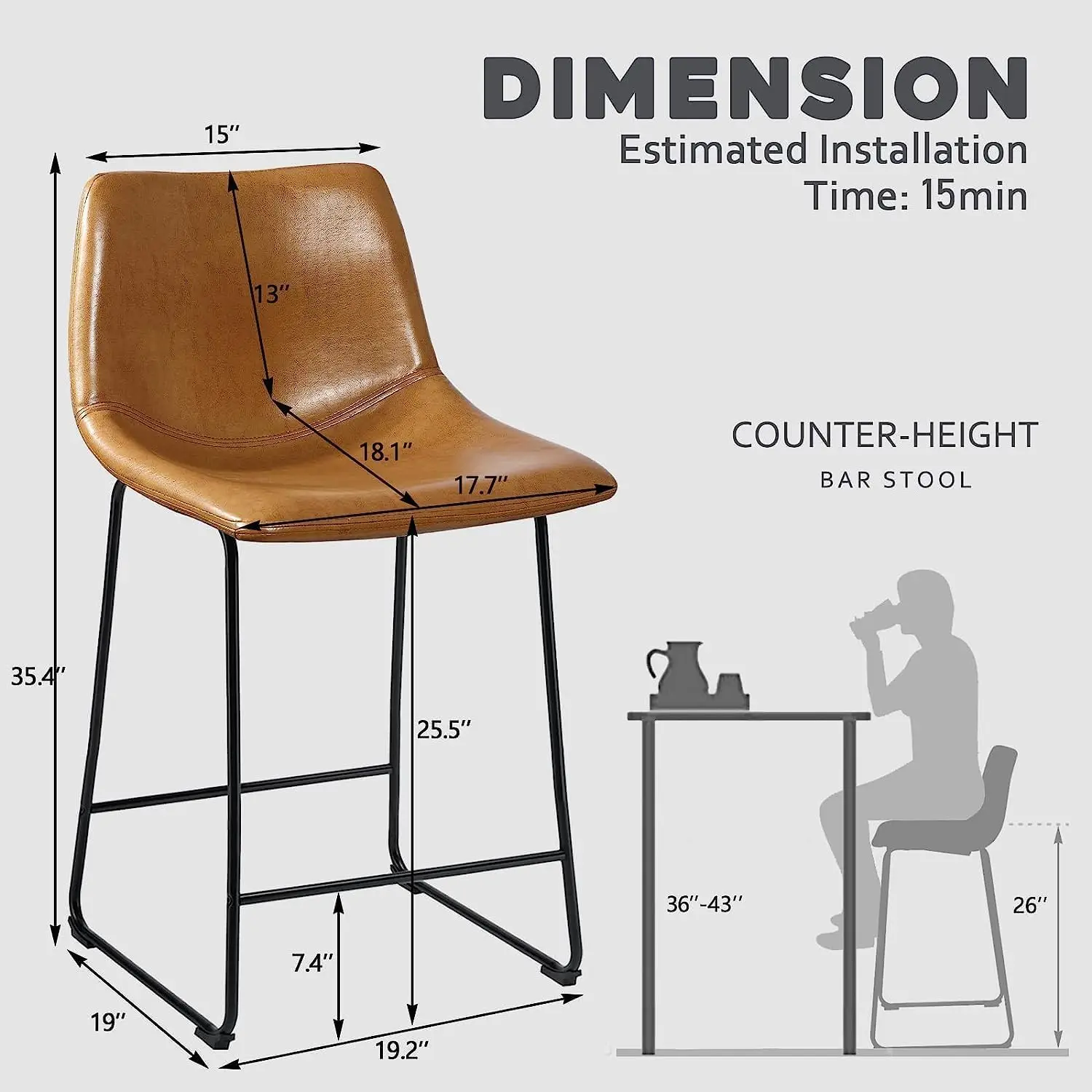 26' Counter Height Bar Stools Set of 4, Modern PU Leather with Metal Legs & Footrest (Whisky)