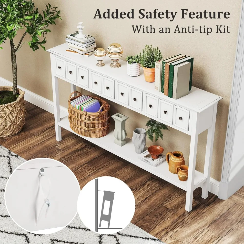 Modern Farmhouse Style Console Table with 4 Drawers and Open Shelf for Entryway, Long Narrow Design