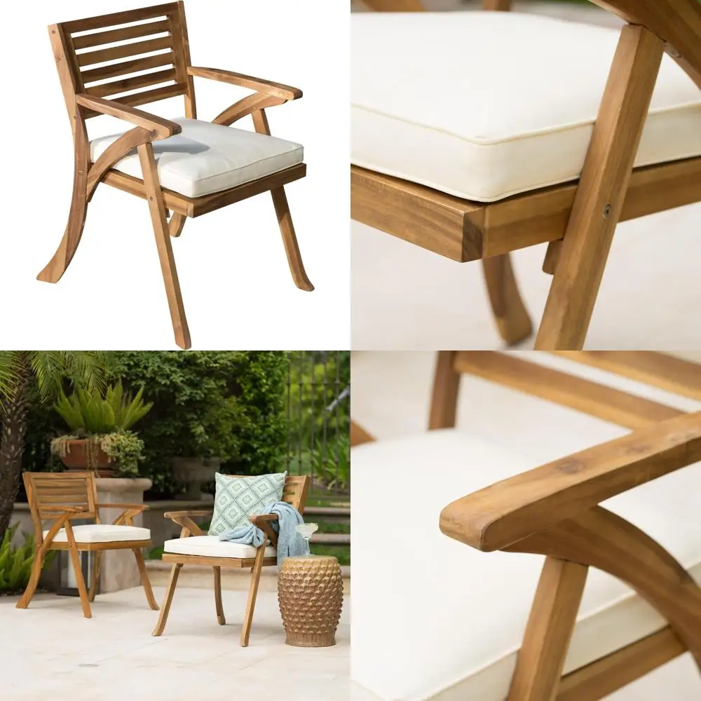 

Hermosa Acacia Wood Outdoor Arm Chairs Set of 2, Teak Finish with Cream Cushions
