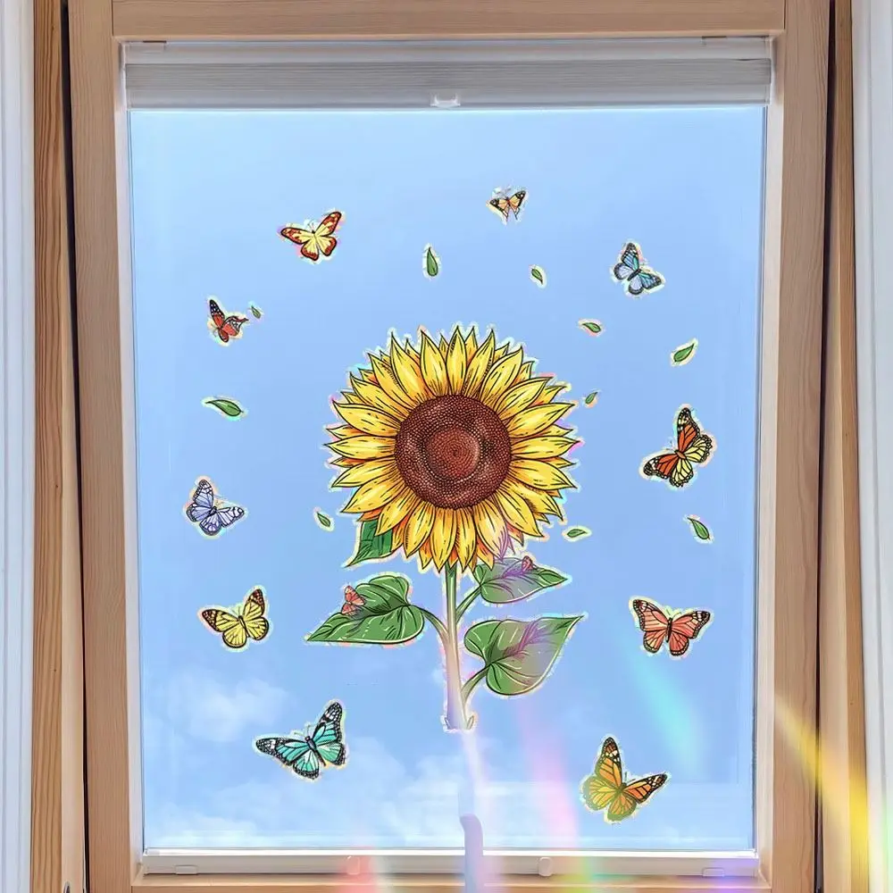 Colorful Sun Catcher Window Stickers Rainbow Prisms Floral Butterfly Sun Flower Decals Sunlight Cloud PVC Glass Static Sticker