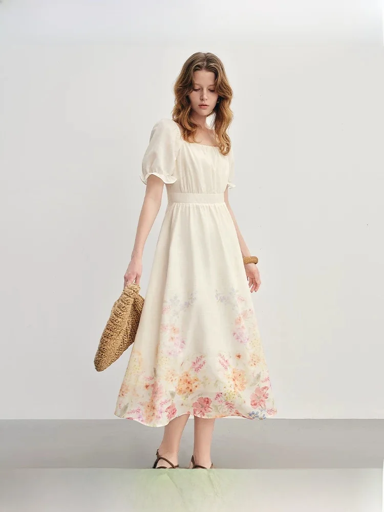 

Romantic Floral Print Court Sle Dr Bubble Sve Large Size Women's Mid-Length A-Line Skirt High Waist Summer New Arrival