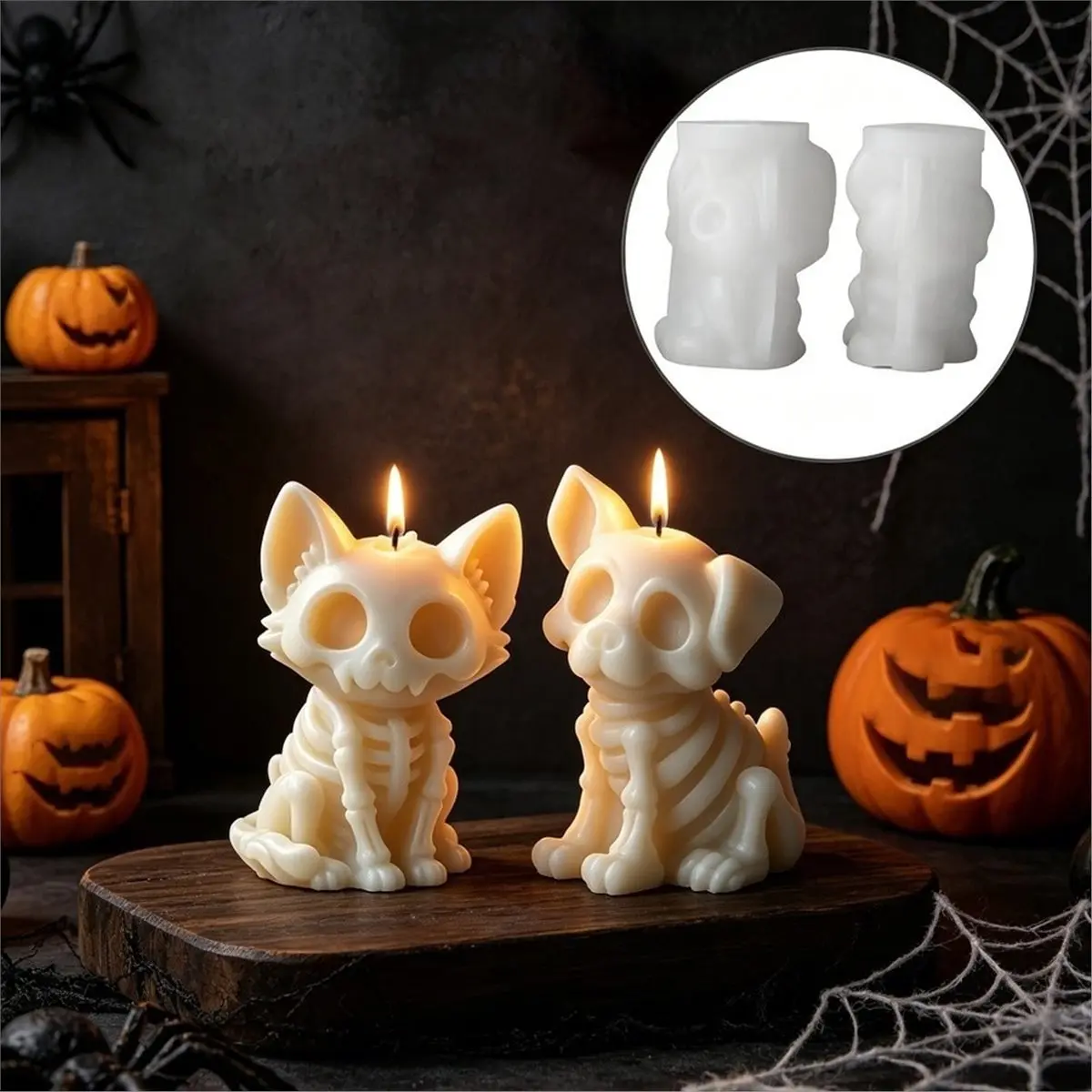 2Pcs Skeleton Cat & Dog Candle Mold Halloween Silicone Molds Spooky Bone Animal, Flexible Silicone for Soap Resin