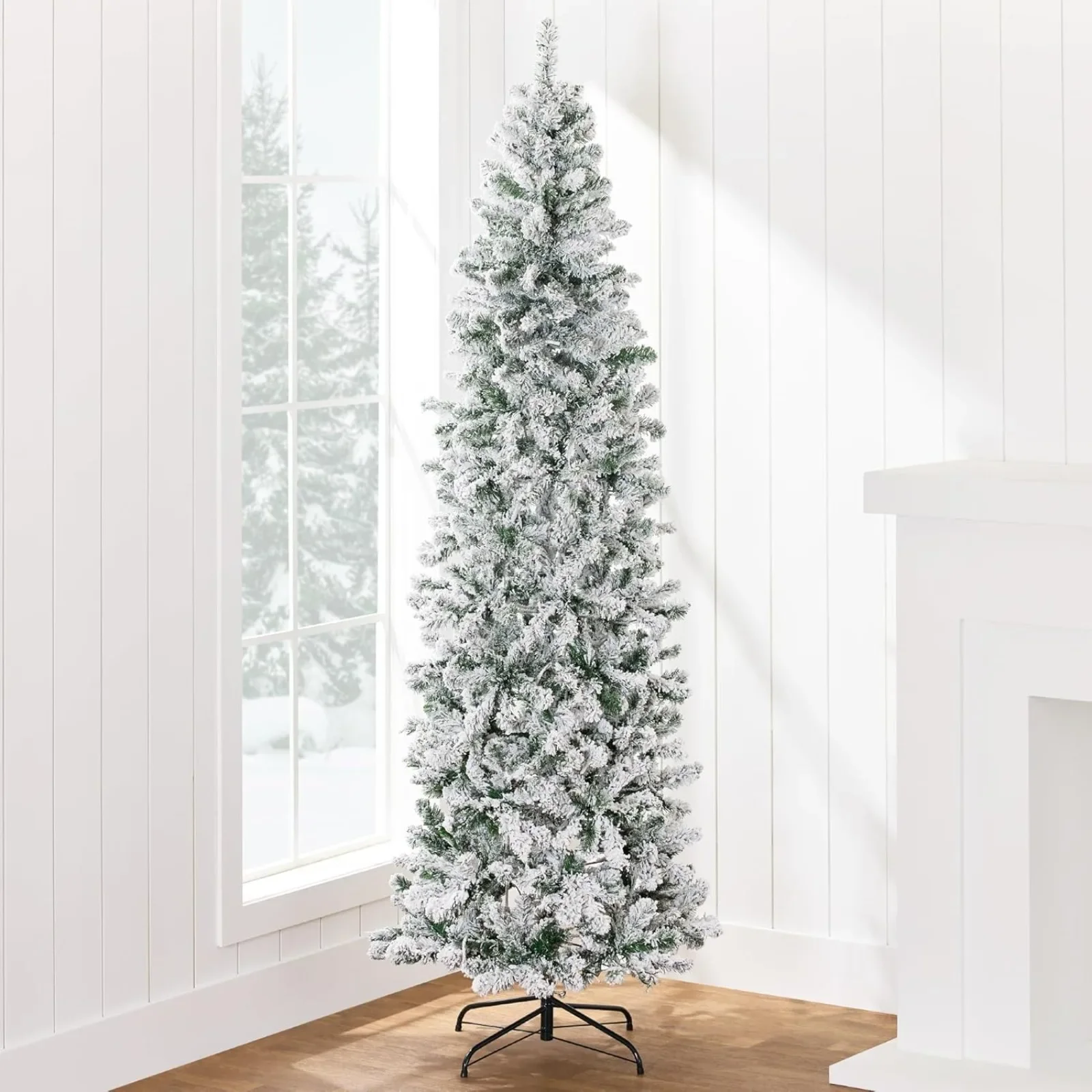 US Flocked Pencil Christmas Tree, Pre-Lit Slim Artificial Holiday Decoration, 7.5Ft Lighted Skinny Snowy