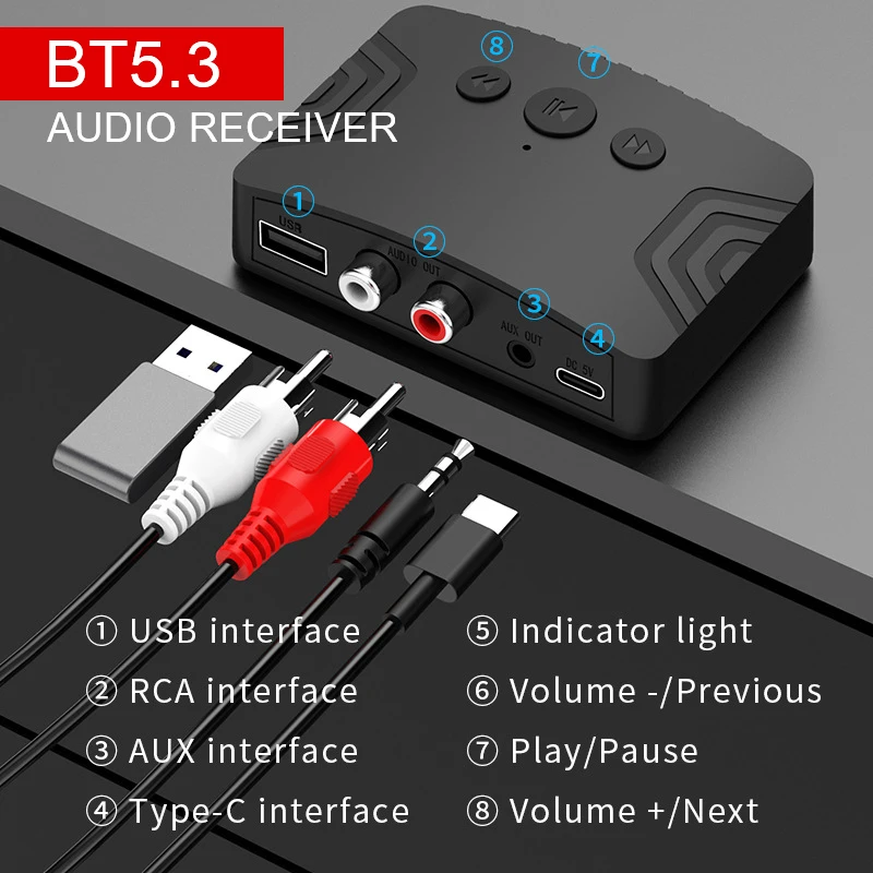 Bluetooth 5.3 Audio Receiver 3.5mm AUX RCA USB Stereo Music Wireless Adapter Support U Disk Play For Car Kit Speaker Amplifier
