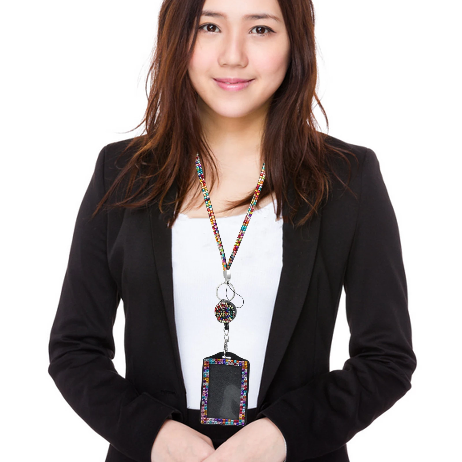 Crystal Rhinestone Lanyard Id Card Hanging Rope Badge Holder with Shiny Design Protector