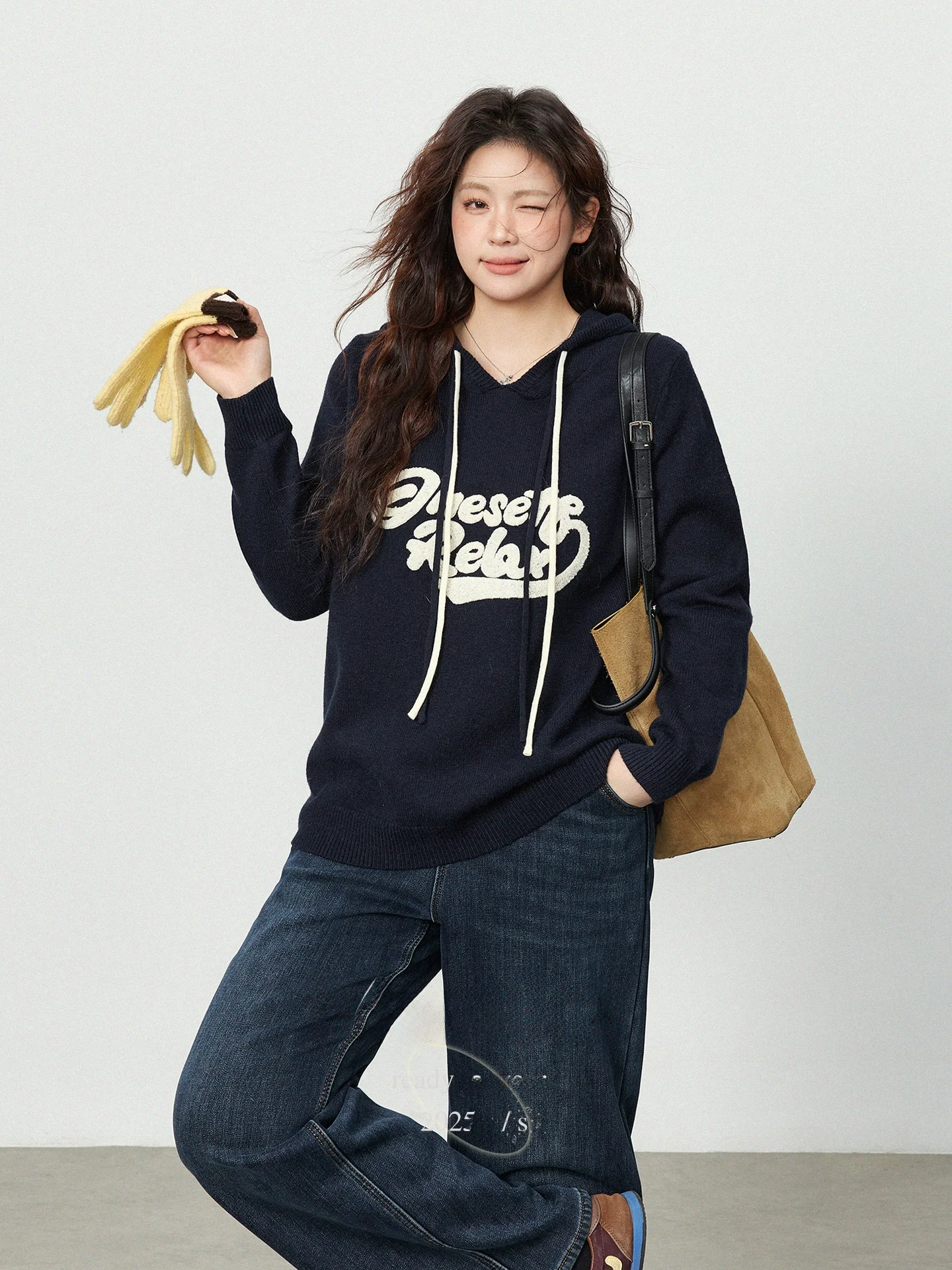 

plus Size Women's Hooded Sweater Winter Loose Slimming Age-Defng Letter Embroidery Overhead Long Sve Knittedwear