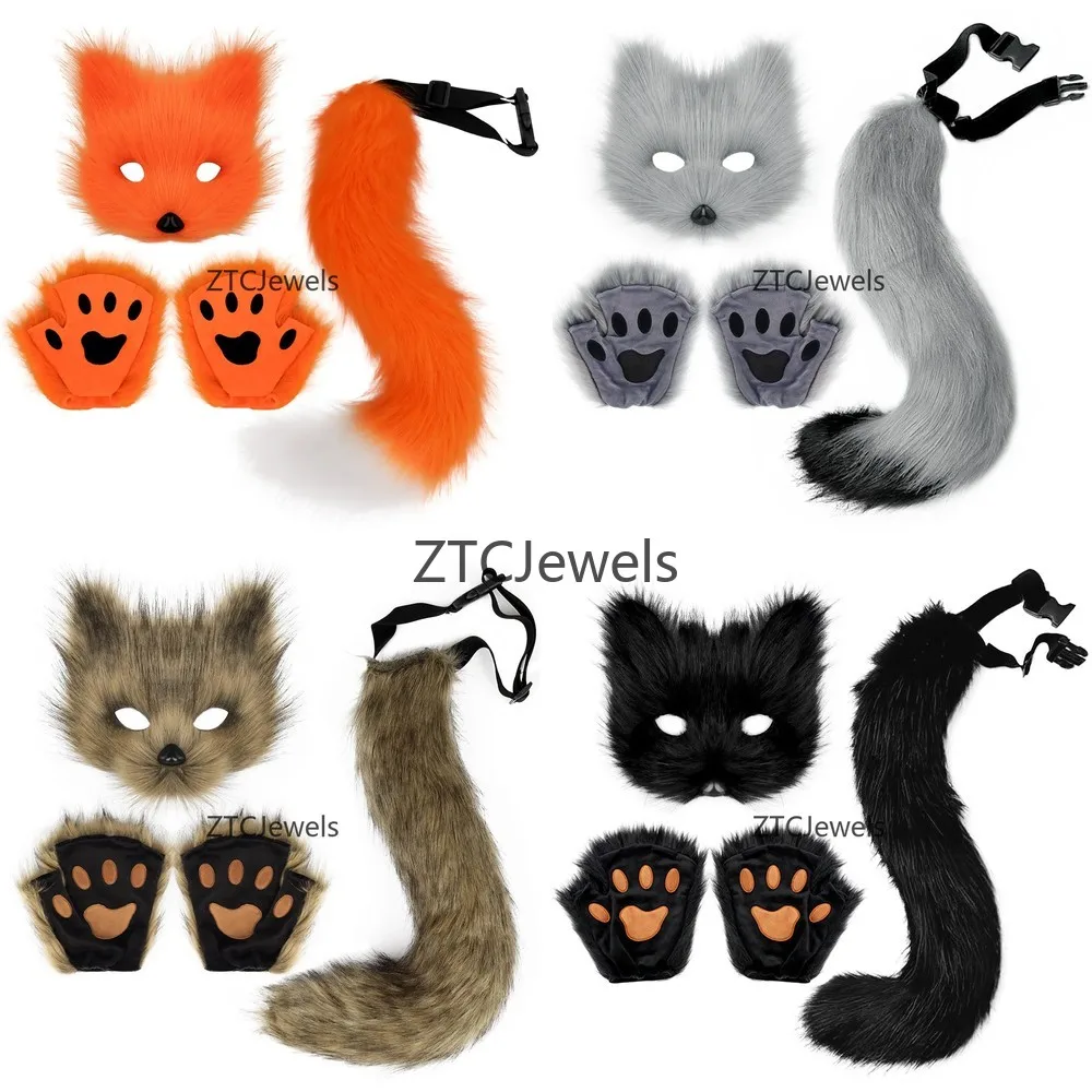 

Furry Fox Mask Tail Paw Gloves Set Halloween Cosplay Costume Animal Party Christmas Costume for Adults