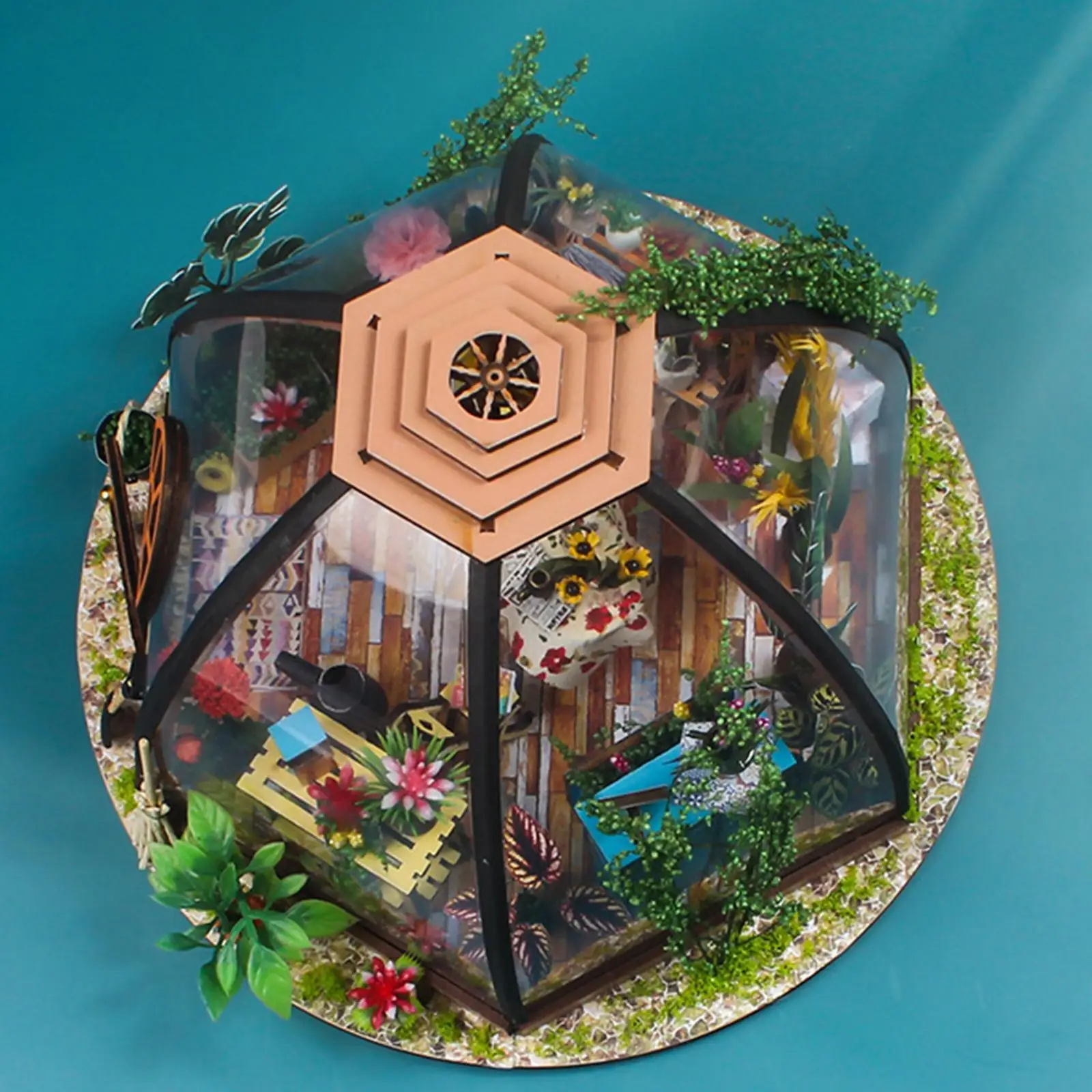 Maison de course artisanale créative avec meubles, outil de jardinage, lumière LED, boîtier de batterie, artisanat en bois, maison de beurre, jouets de jour