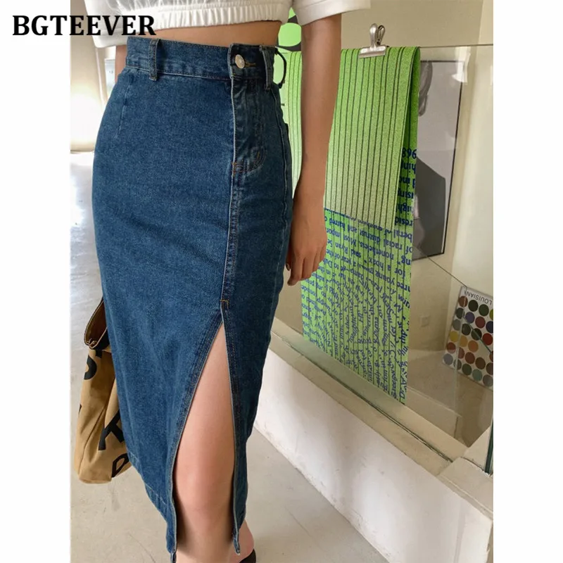BGTEEVER Casual High Waist Side Split Package Hip Jeans Skirts Women Casual Slim Pockets Ladies Denim Skirts