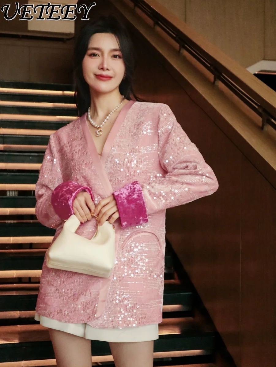 New Chinese Style Long-Sleeved Pink Suit Jacket Machine Embroidery Sequined Design Oriental Beauty Contrast Color Velvet Coat