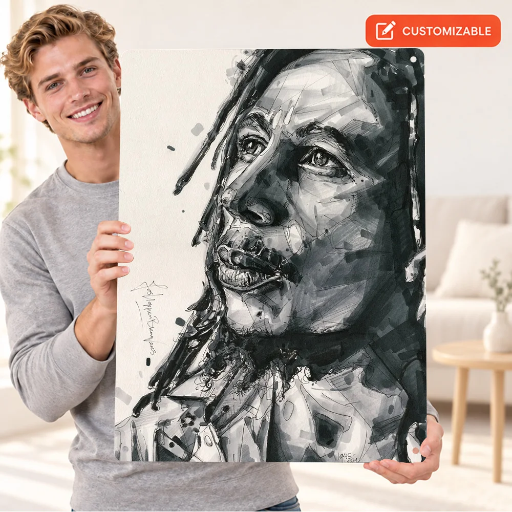 Bob Marley Ink Portrait Aluminum Poster Customized Metal Sign Wash Wall Art For Home Recording Studio Music Fan Birthday Gift