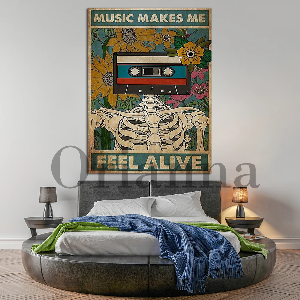 Skeleton Cassette Music Make Me Feel Live Poster, Flower Blossom Music Poster, Vintage Music Wall Art, Hd Print Home Decor