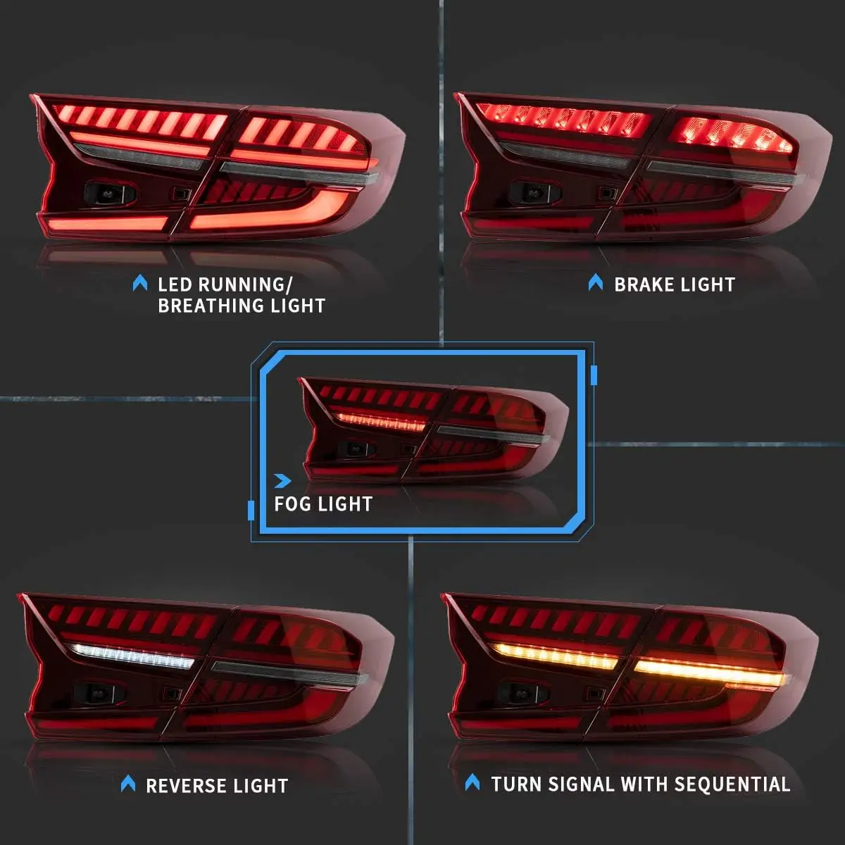 Led Tail Lights Compatible with Honda Accord 10th Gen 2018-2022 Rear Lamps w/Scanning Dynamic Animation Breathing DRL, w/S